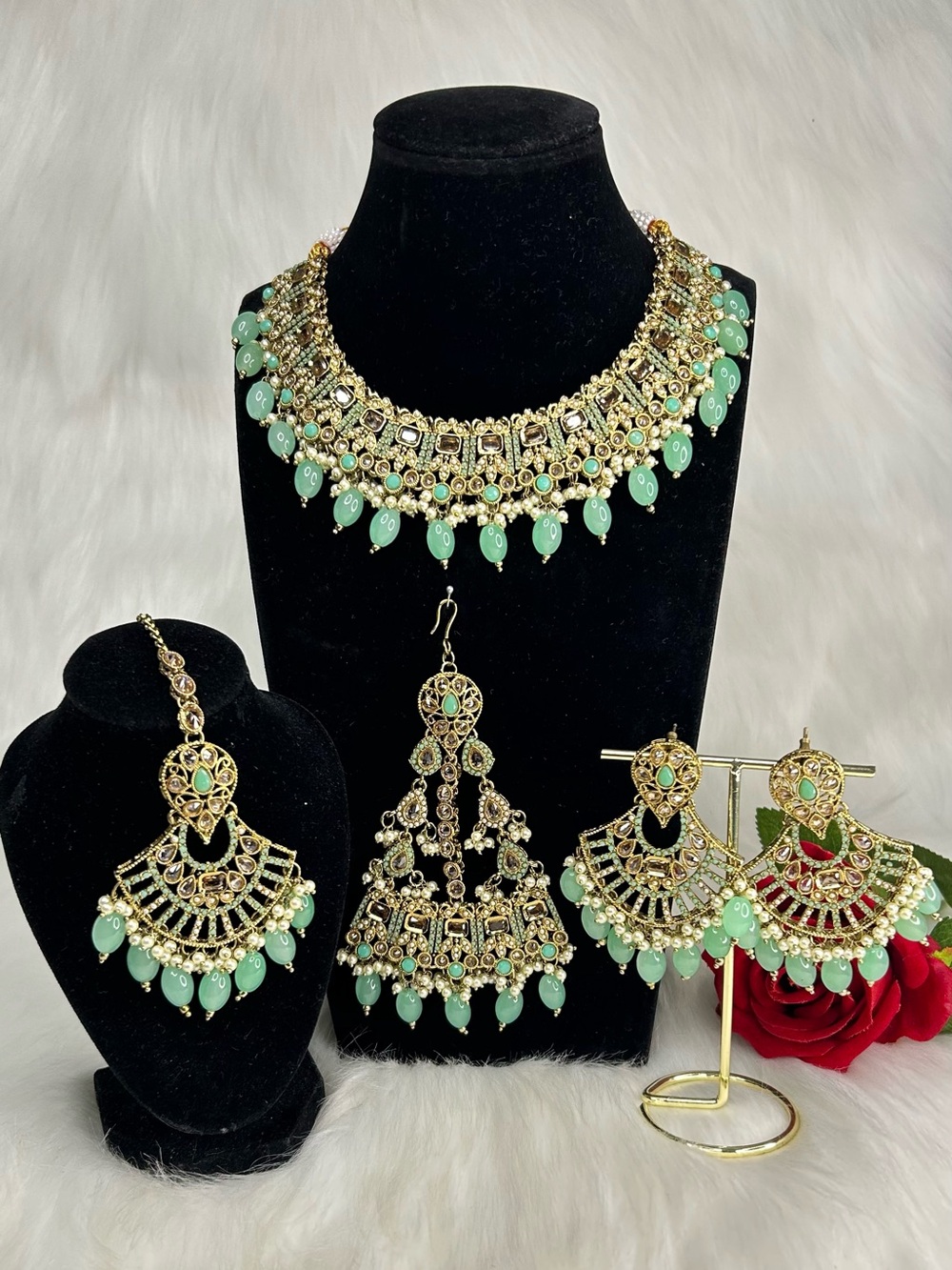 Bridal Gold & Mint Green Statement Choker Necklace ,Earring And Jhumar Set